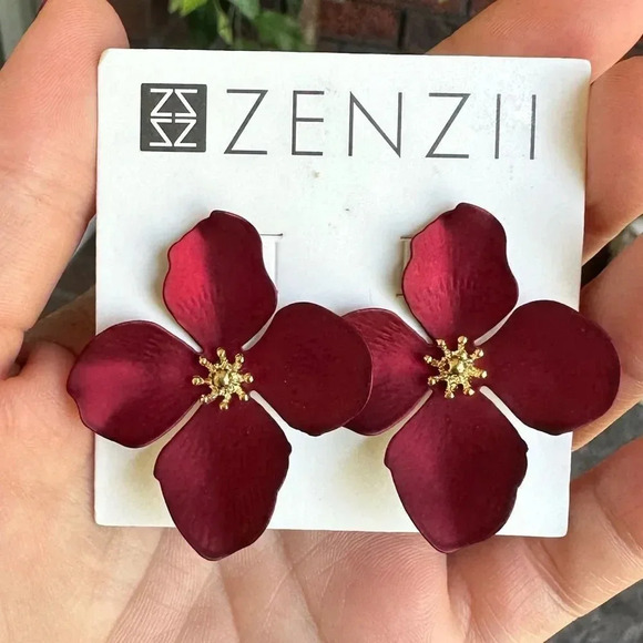 Anthropologie Red Burgundy Marigold Zenzii Flower Earrings NWT - Picture 1 of 5